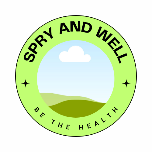 Between two concentric circles are the words "SPRY AND WELL" at the top and "BE THE HEALTH" against a light green background. Within the inner circle is a picture of a peaceful landscape with two hilltops and a blue sky with a cloud at the top.